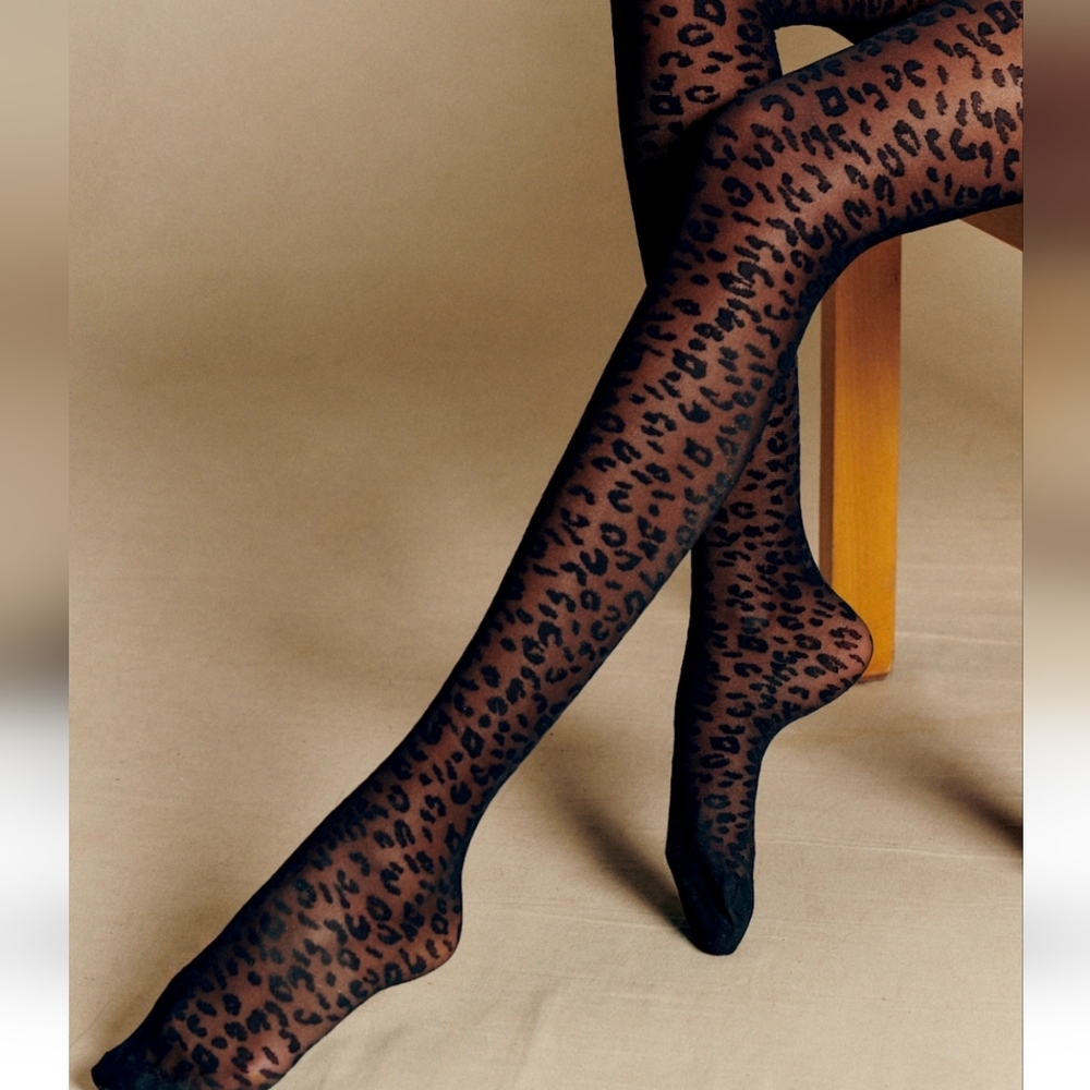 Sezane Sheer Leopard-Print Tights in Black